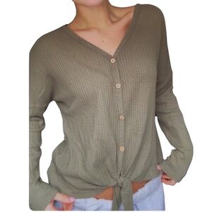 Sundays Olive Green Waffle Knit Top with Tag Detail